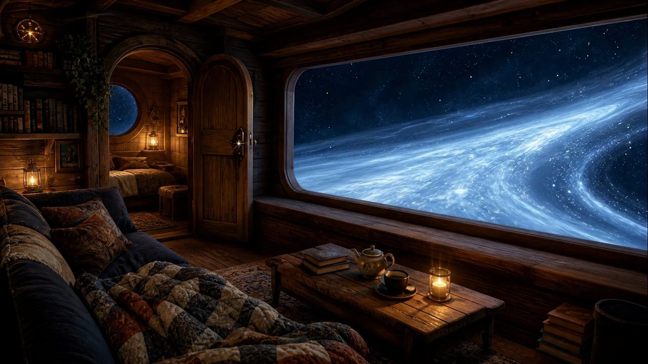 A candlelit wooden cabin overlooking a luminous comet tail