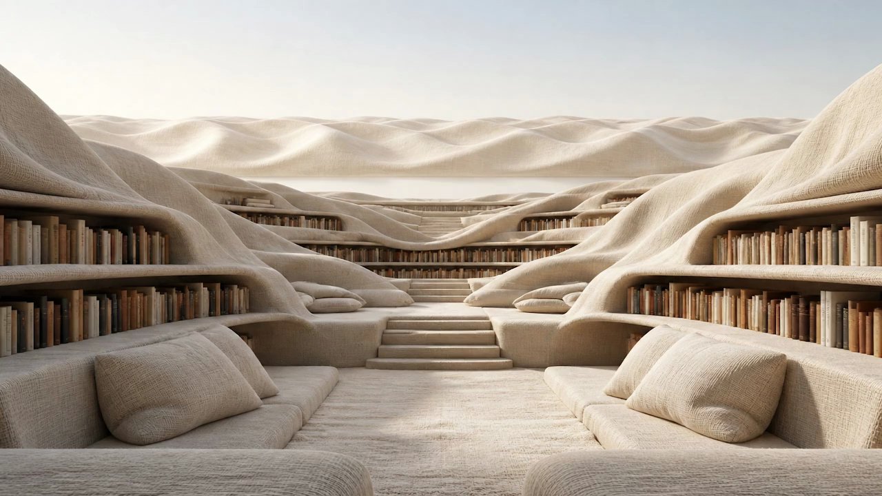 Soft linen dunes fold into the shelves of a sunlit library
